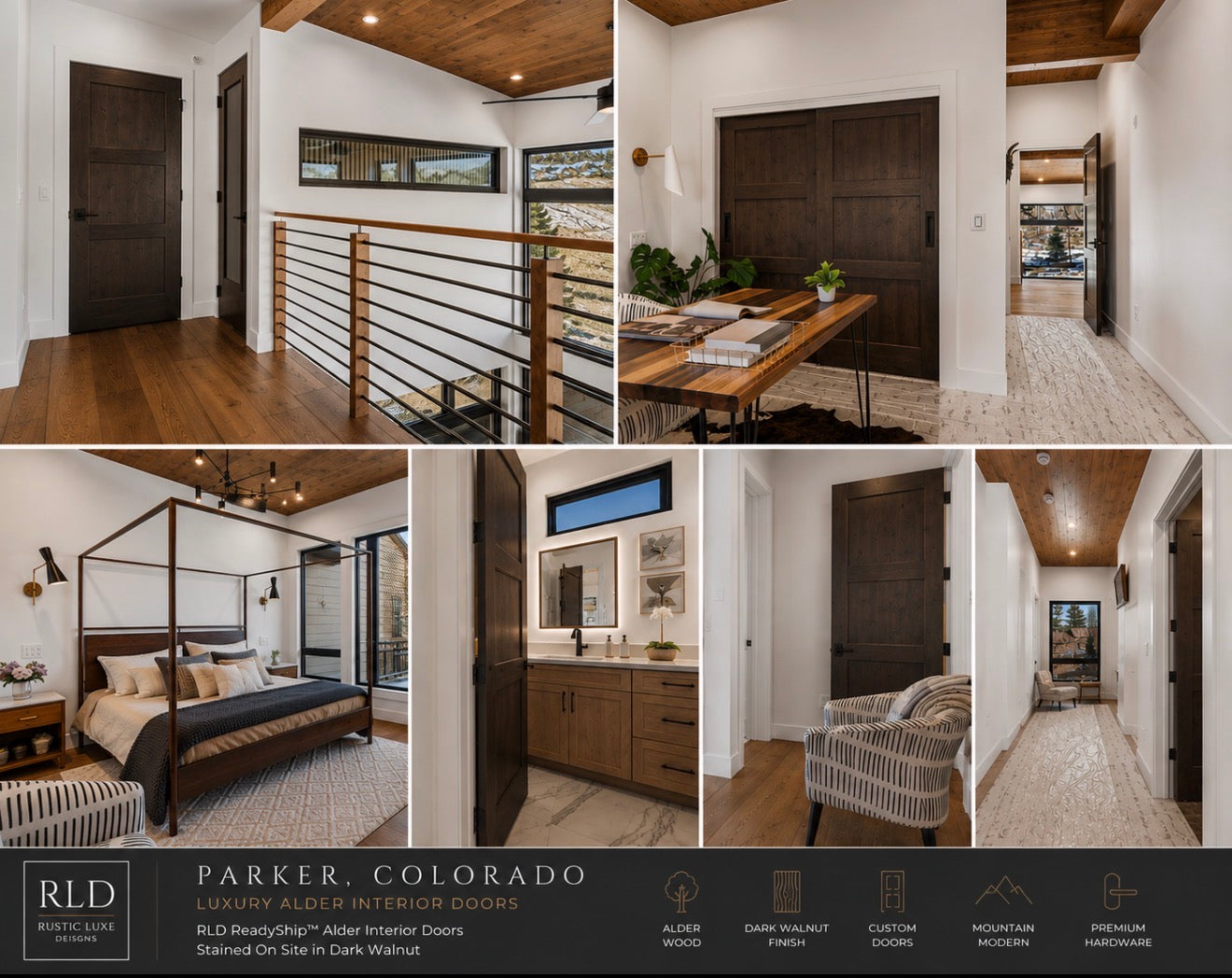 Parker, Colorado luxury residential project featuring RLD ReadyShip Alder interior doors stained in Dark Walnut with modern mountain architecture and custom interior millwork by Rustic Luxe Designs.