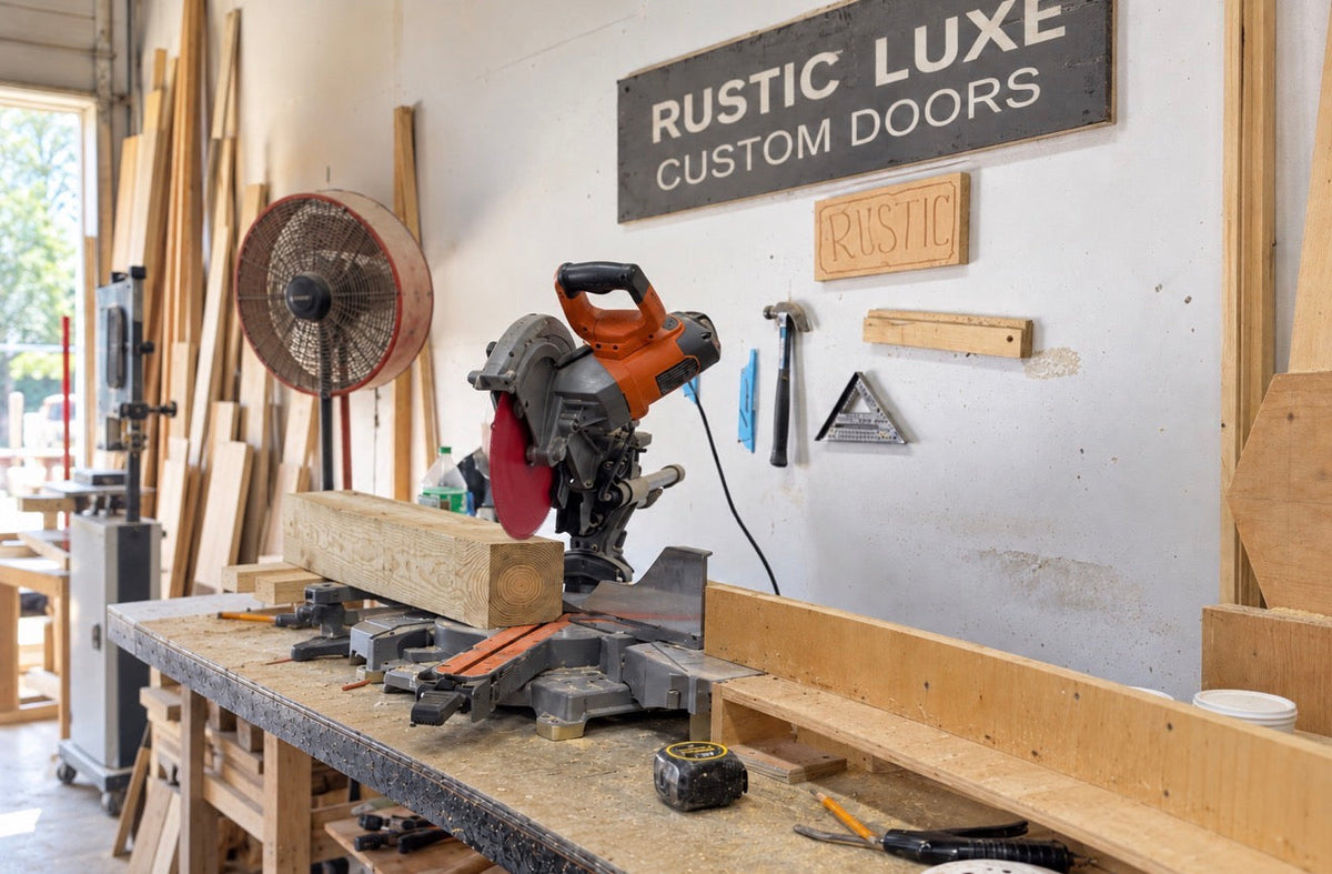 Rustic Luxe Designs workshop preparing wood for a custom interior door slab.
