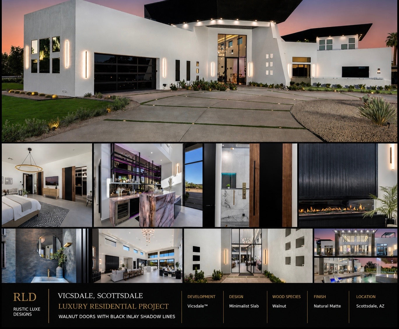 Vicsdale™ luxury residential estate in Scottsdale, Arizona featuring custom walnut minimalist interior doors with black inlay shadow lines by Rustic Luxe Designs.