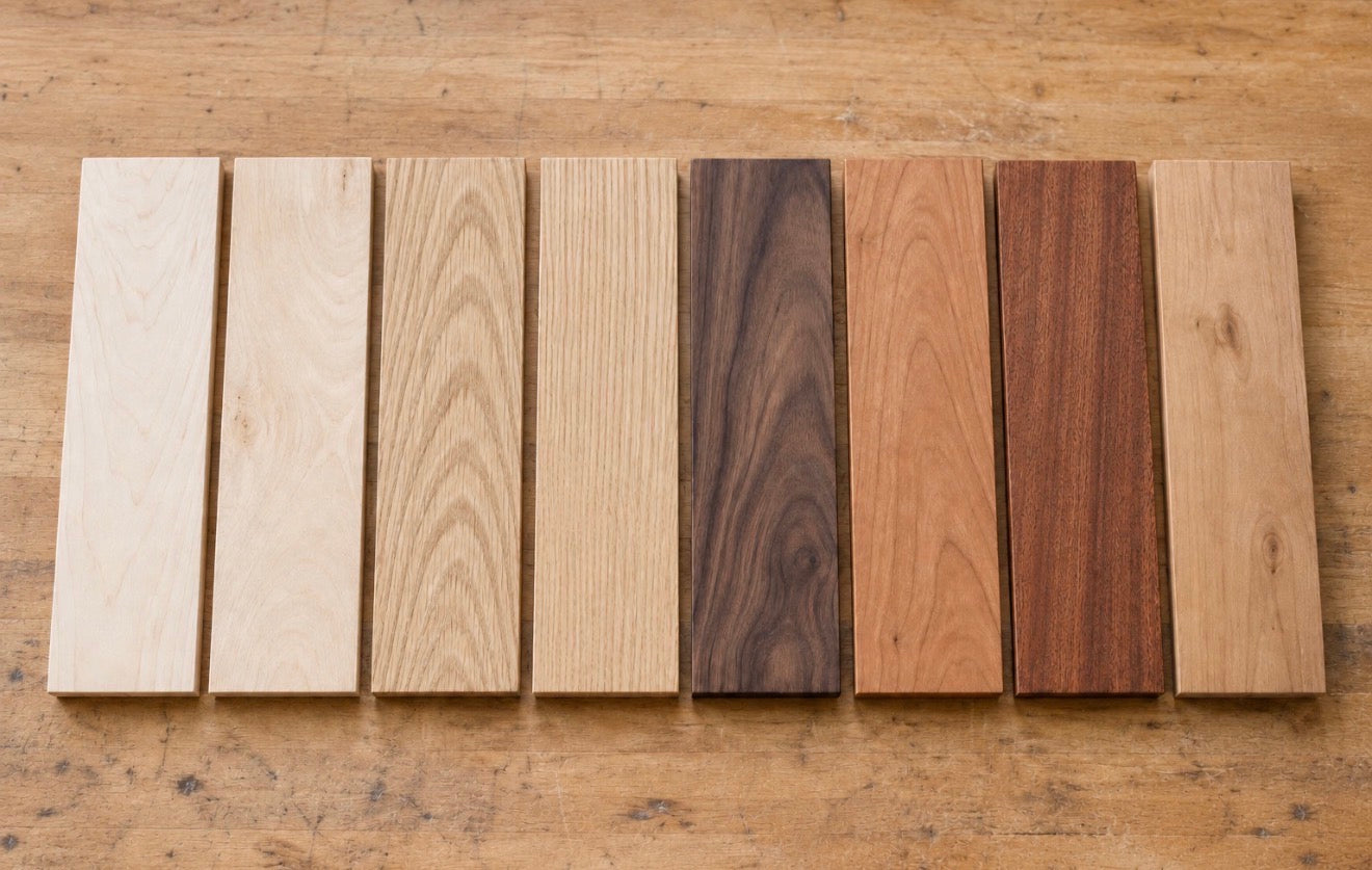 Natural wood species samples for custom interior doors by Rustic Luxe Designs