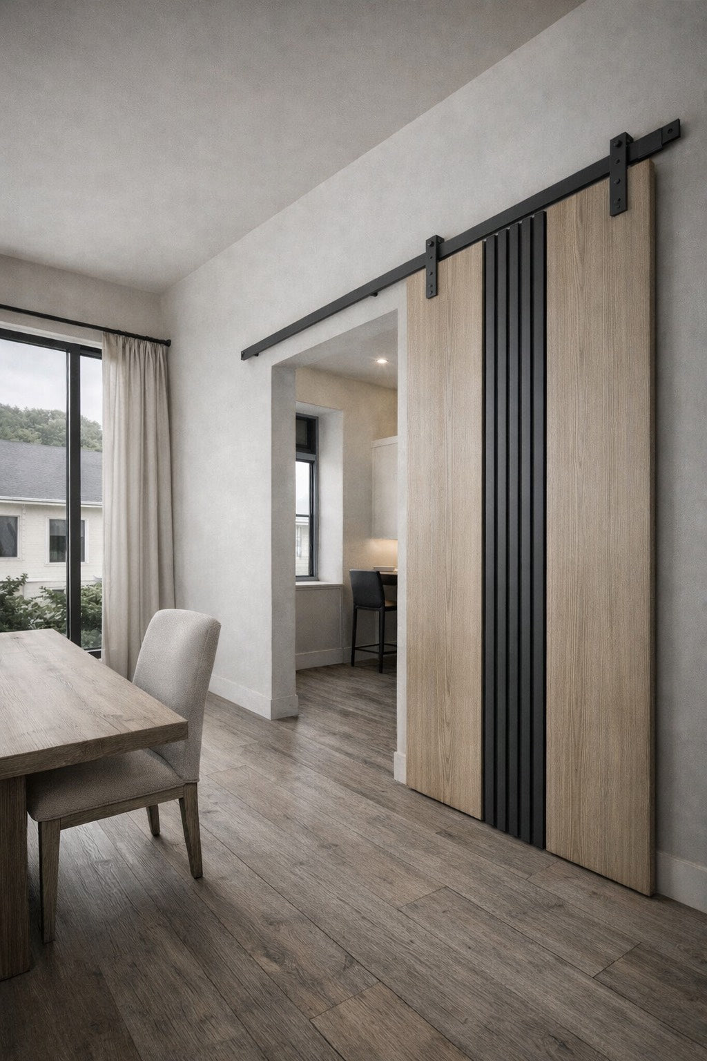 Modern interior with a sliding wooden door in a neutral-toned room.
