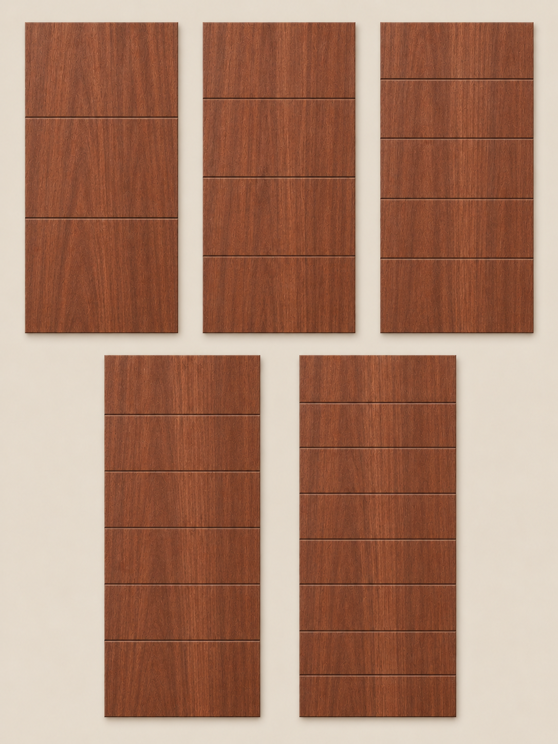 Five unfinished sapele ReadyShip Linear door slabs with two to six evenly spaced horizontal routed
