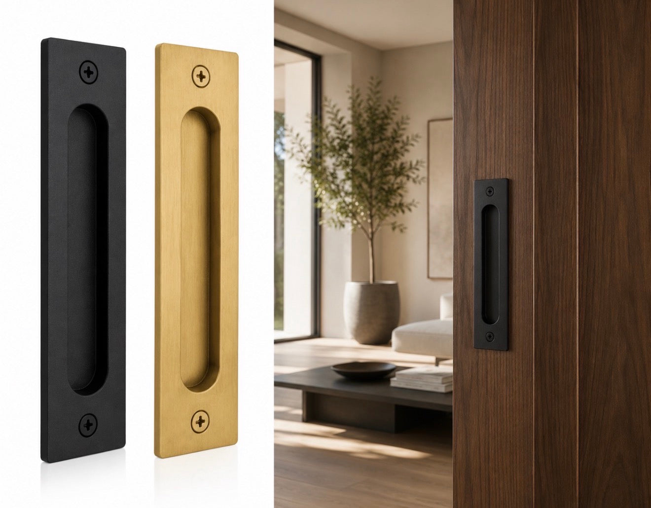 Minimal surface mount flush pulls by Rustic Luxe Designs.