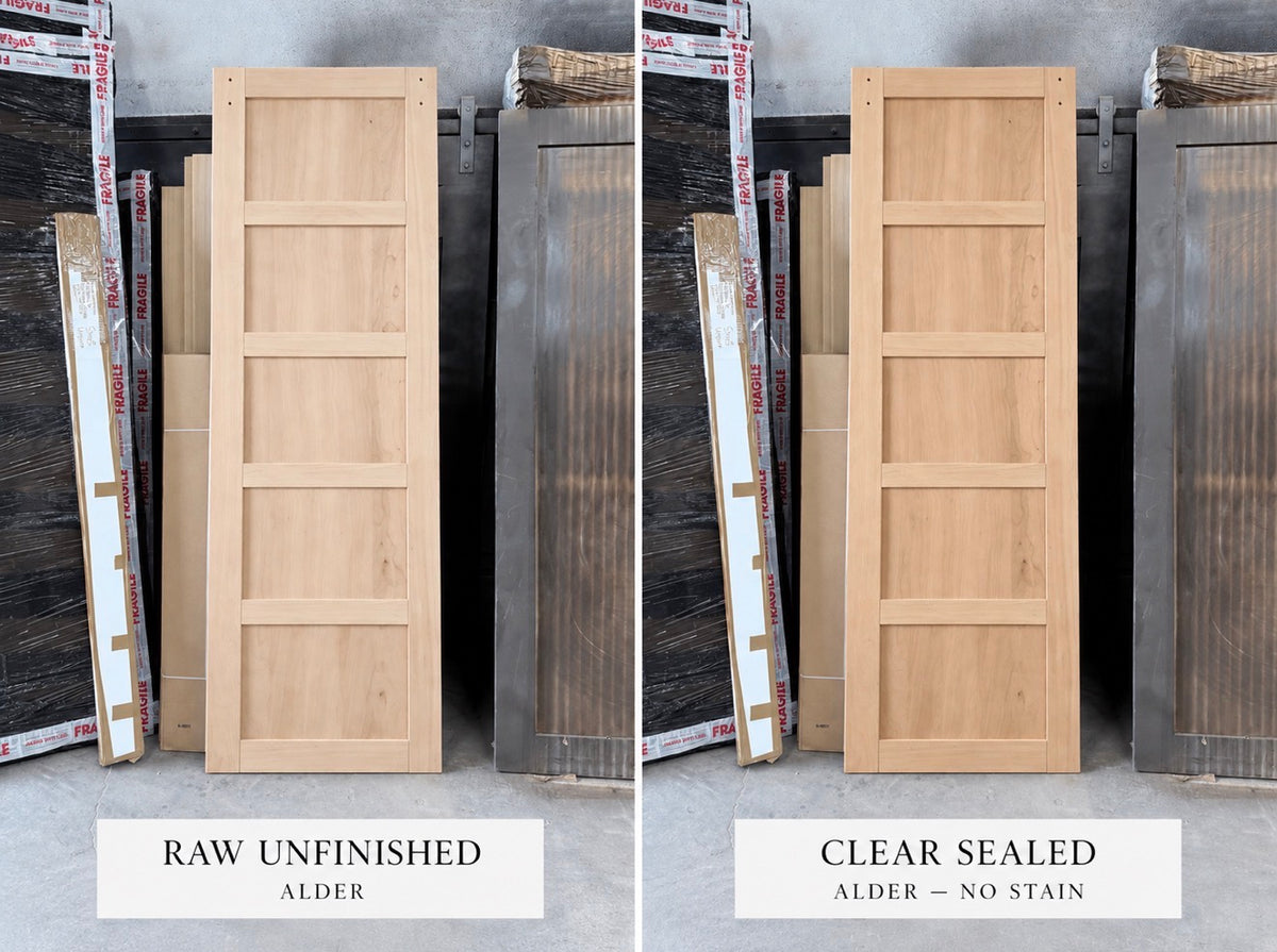 Rustic Luxe Designs ReadyShip 30x95 Clear Alder 5-panel interior door, clear sealed and predrilled for the RLD Prestige front strap track system and handle.