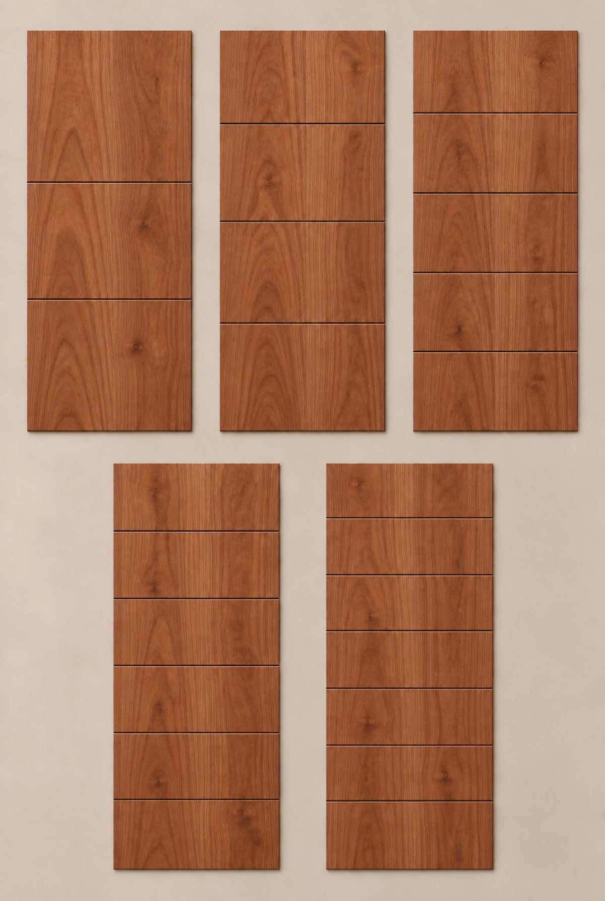 Five unfinished cherry ReadyShip Linear door slabs with two to six evenly spaced horizontal routed lines.