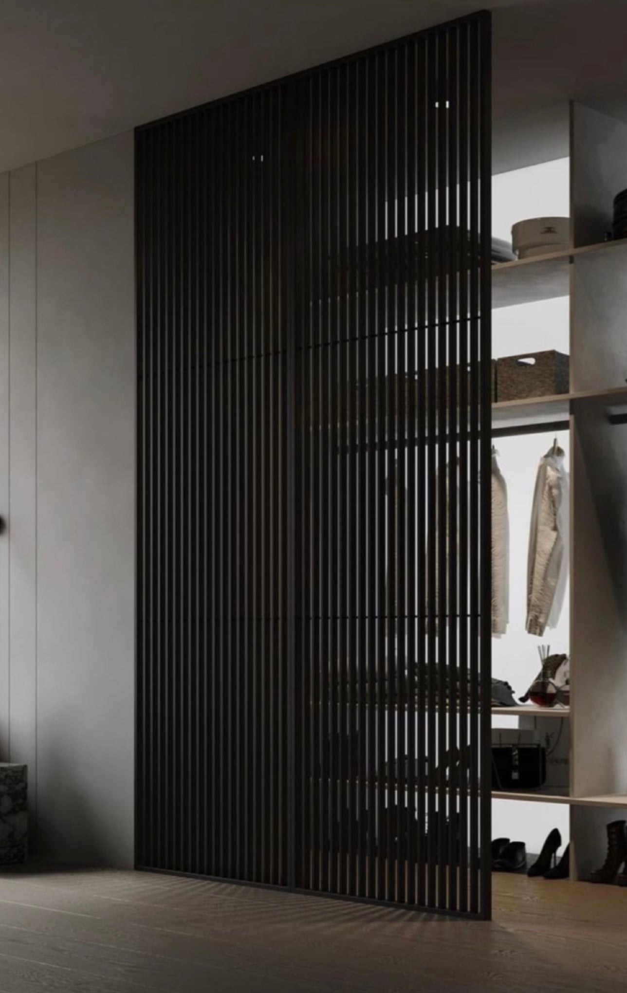 Custom vertical slat interior door with ventilated wood design, modern architectural Rakesh door by Rustic Luxe Designs.