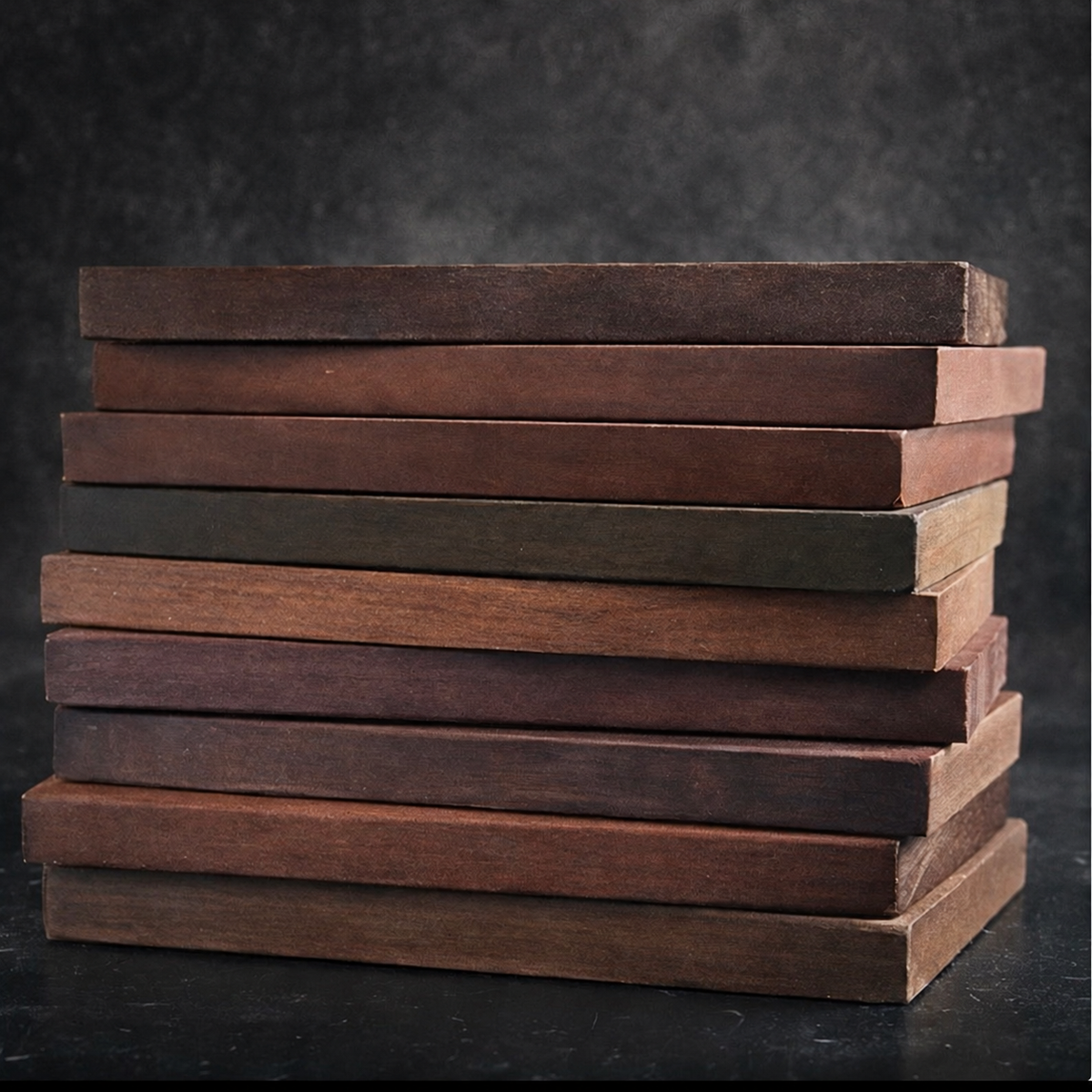 Stack of wood finish samples without overlaid text; wood appearance varies naturally by species and board.