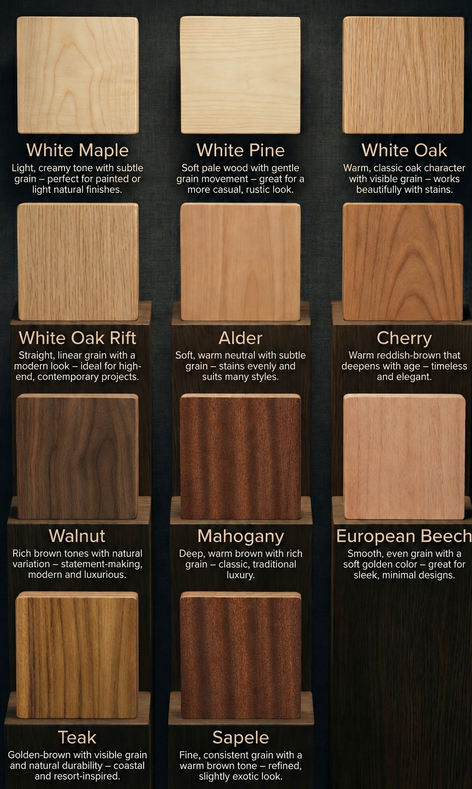 Illustrative wood species overview with toned-down sample colors. Wood tone and grain vary naturally; use a physical sample to assess the exact finish.