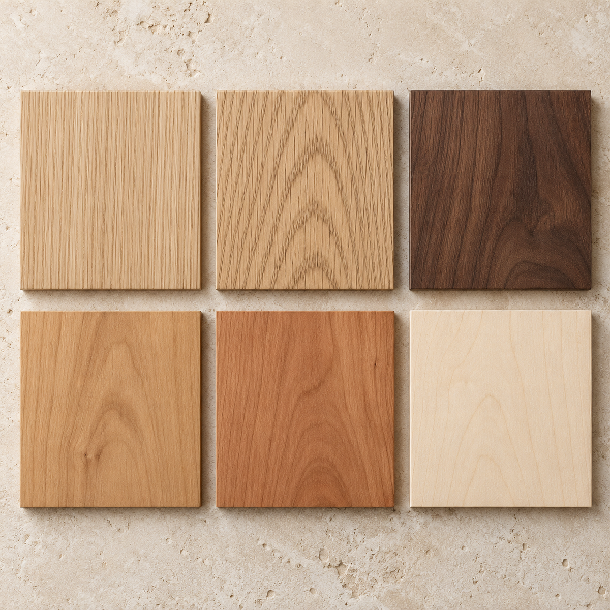 Six unfinished wood sample tiles arranged in two rows: Rift White Oak, White Oak, Walnut, Alder, Cherry, and White Maple.