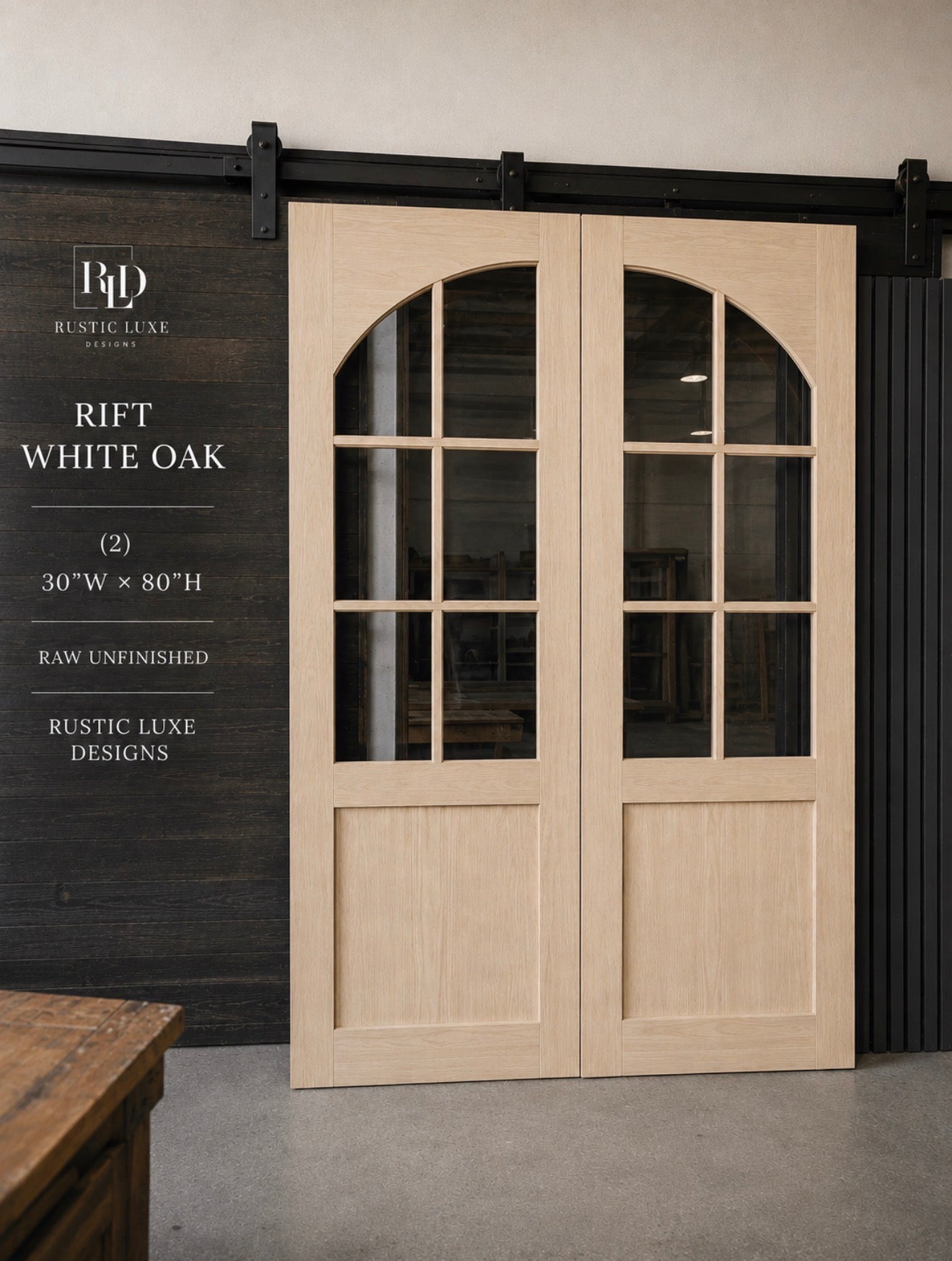 Pair of raw unfinished Rift White Oak arched glass interior doors by Rustic Luxe Designs
