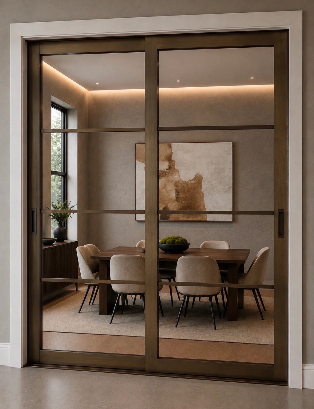 Serrano 4-Lite framed glass interior doors shown as a two-door bronze bypass sliding system