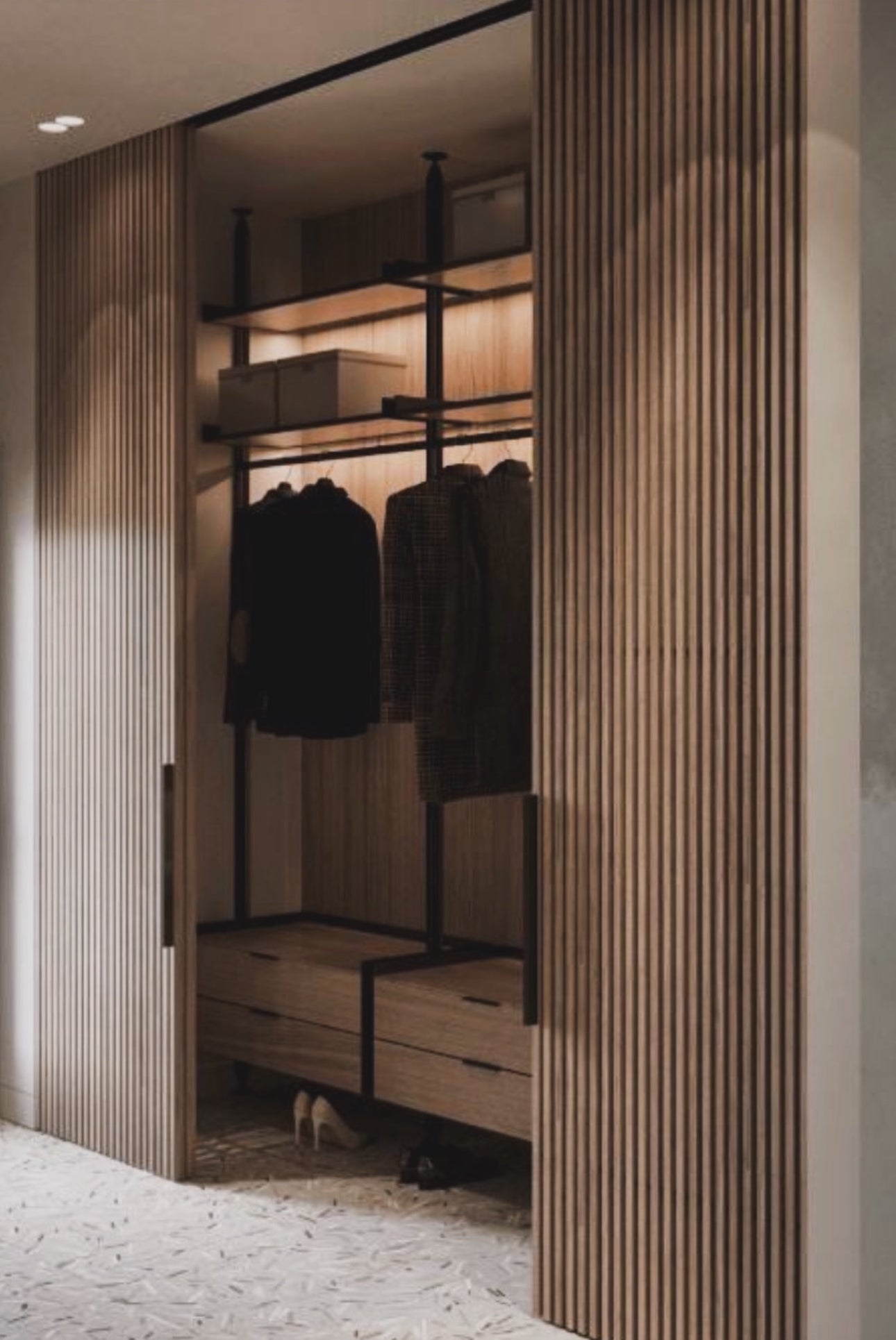 Modern solid wood slat door with vertical slat design, custom Rakesh interior door by Rustic Luxe Designs.