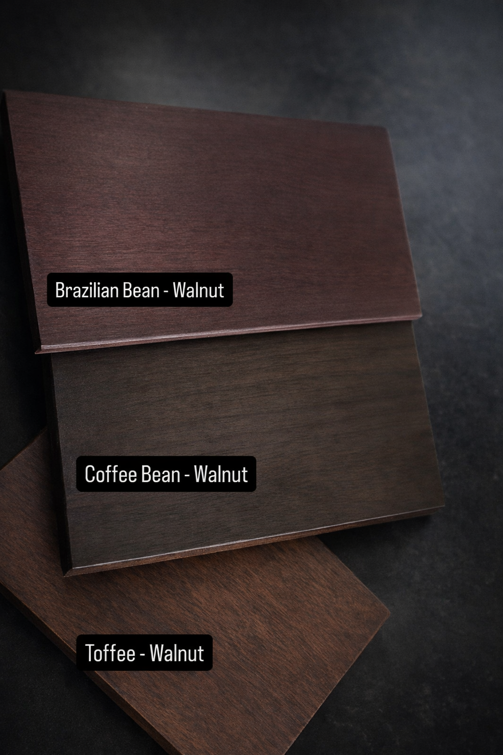 Walnut door samples stained exclusively by Rustic Luxe Designs.