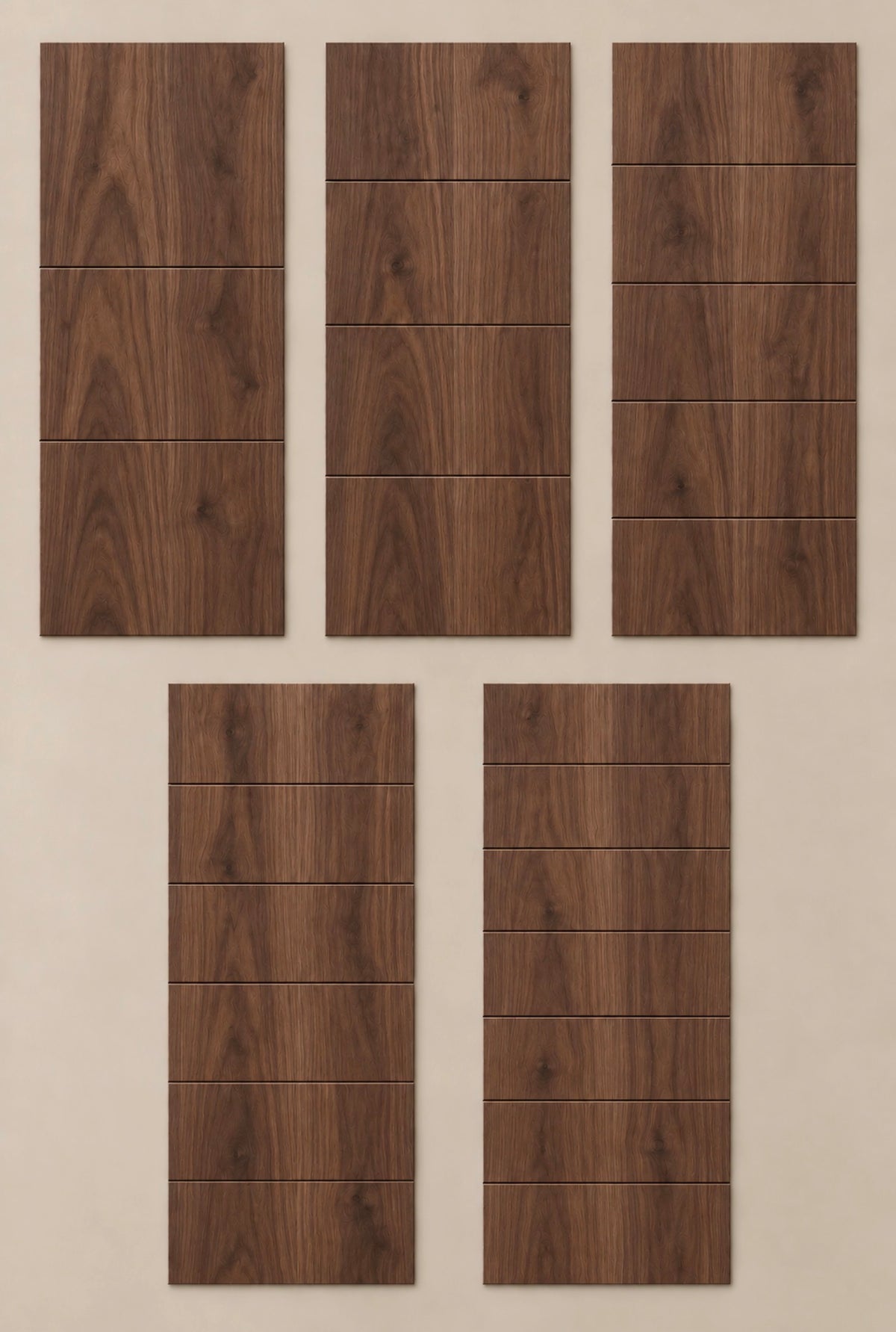 Five unfinished walnut ReadyShip Linear door slabs with two to six evenly spaced horizontal routed lines.