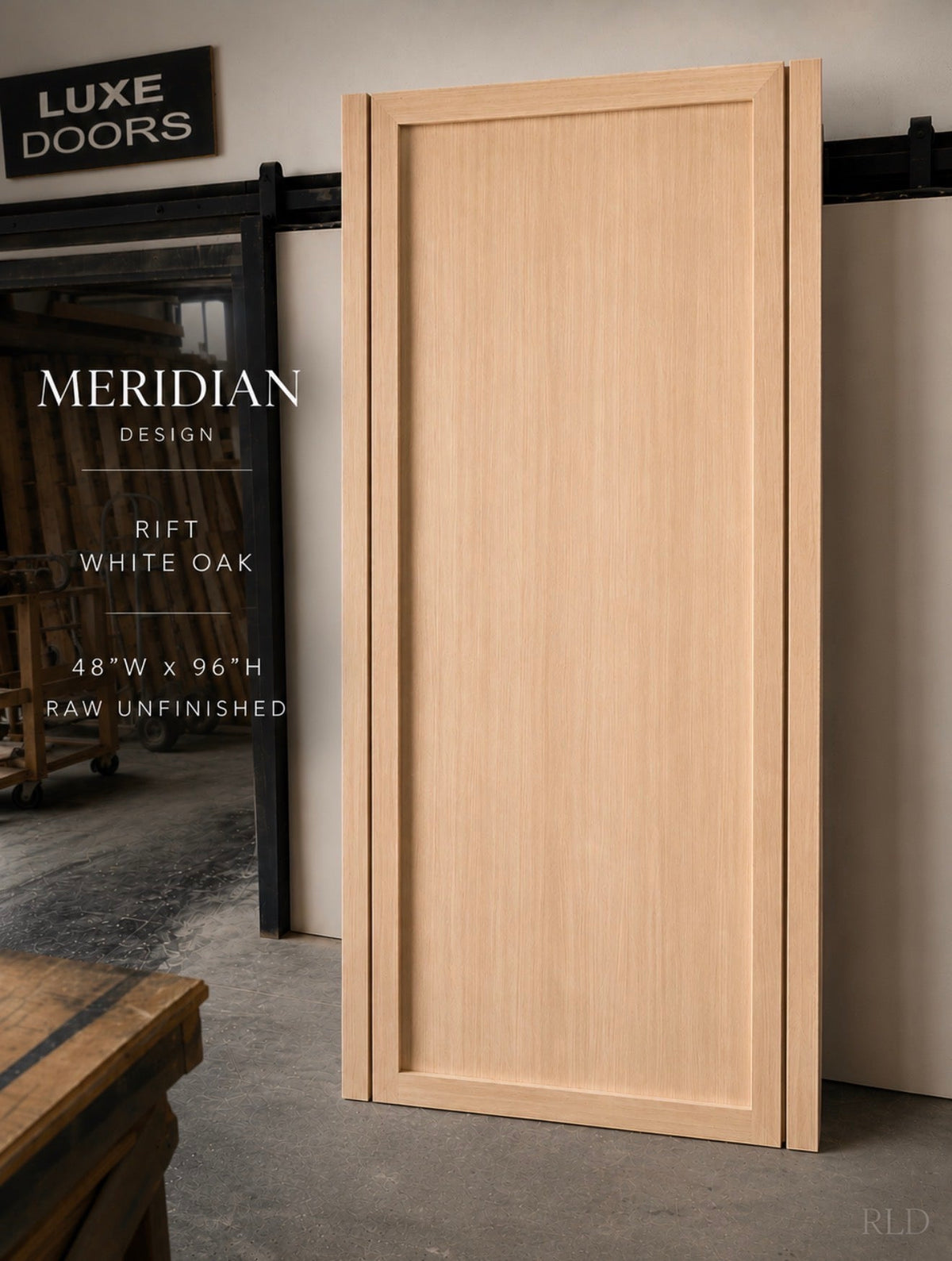 A raw, unfinished rift white oak sewn wood door panel by Rustic Luxe Designs. 