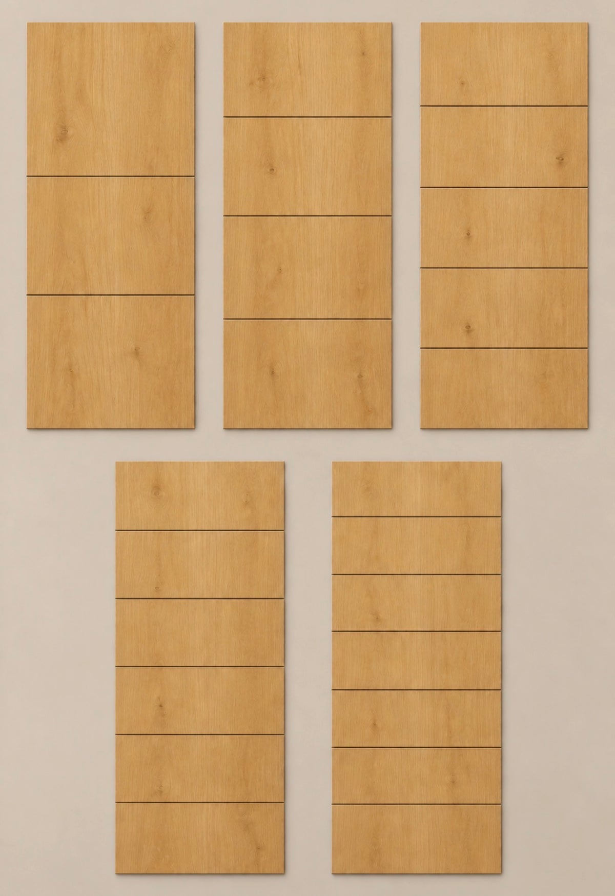 Five Alder ReadyShip™ Linear door designs with two, three, four, five, and six evenly spaced routed lines.