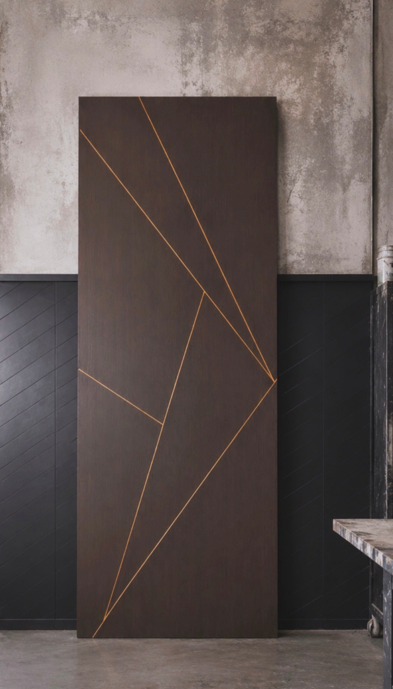 Shop the Apex modern wood door by Rustic Luxe Designs, featuring a contemporary geometric design with brass inlay. Custom sizes, wood species and finishes available. Walnut. Rift White Oak.