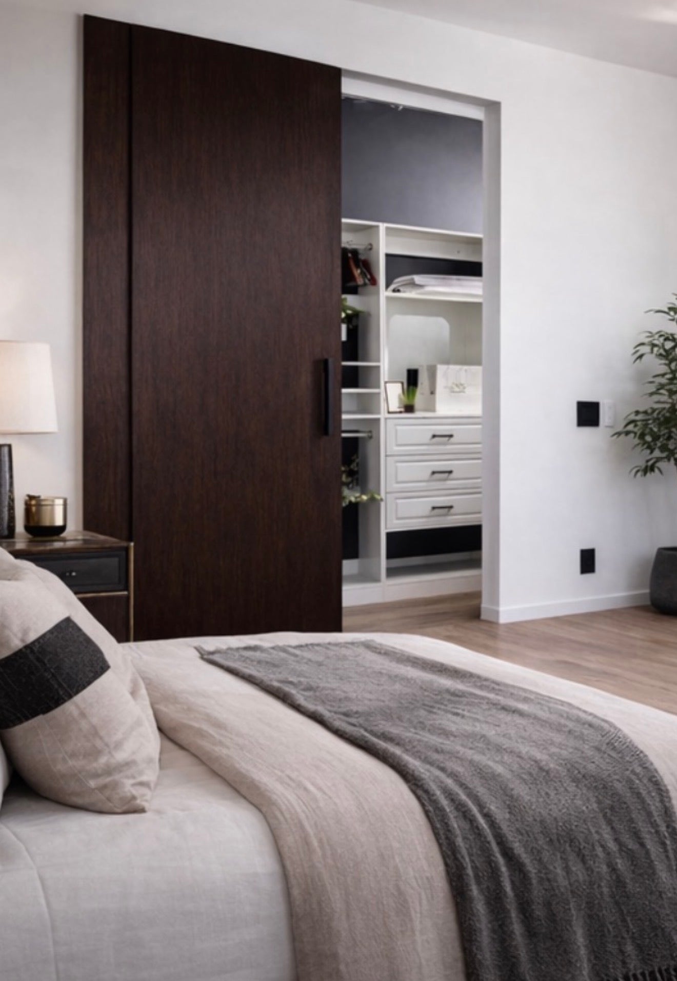 Rift white oak sliding door with tobacco stain and concealed hidden track, modern architectural interior door with asymmetrical panel design