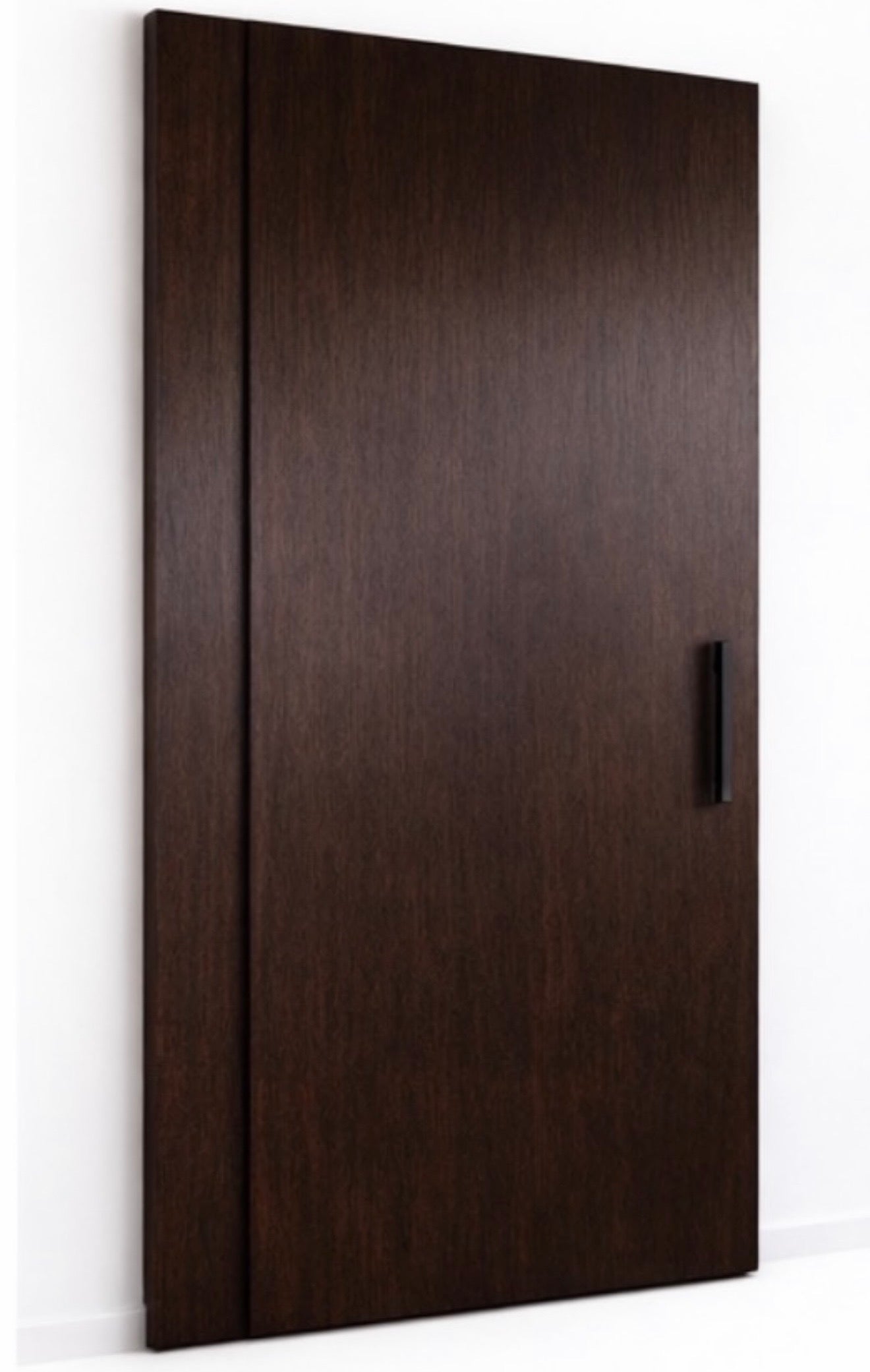 Rift white oak sliding door with tobacco stain and concealed hidden track, modern architectural interior door with asymmetrical panel design