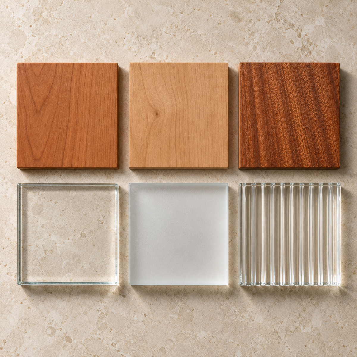 Three raw wood samples—Cherry, Alder, and Sapele—plus Clear, Satin Etched, and Reeded glass samples.
