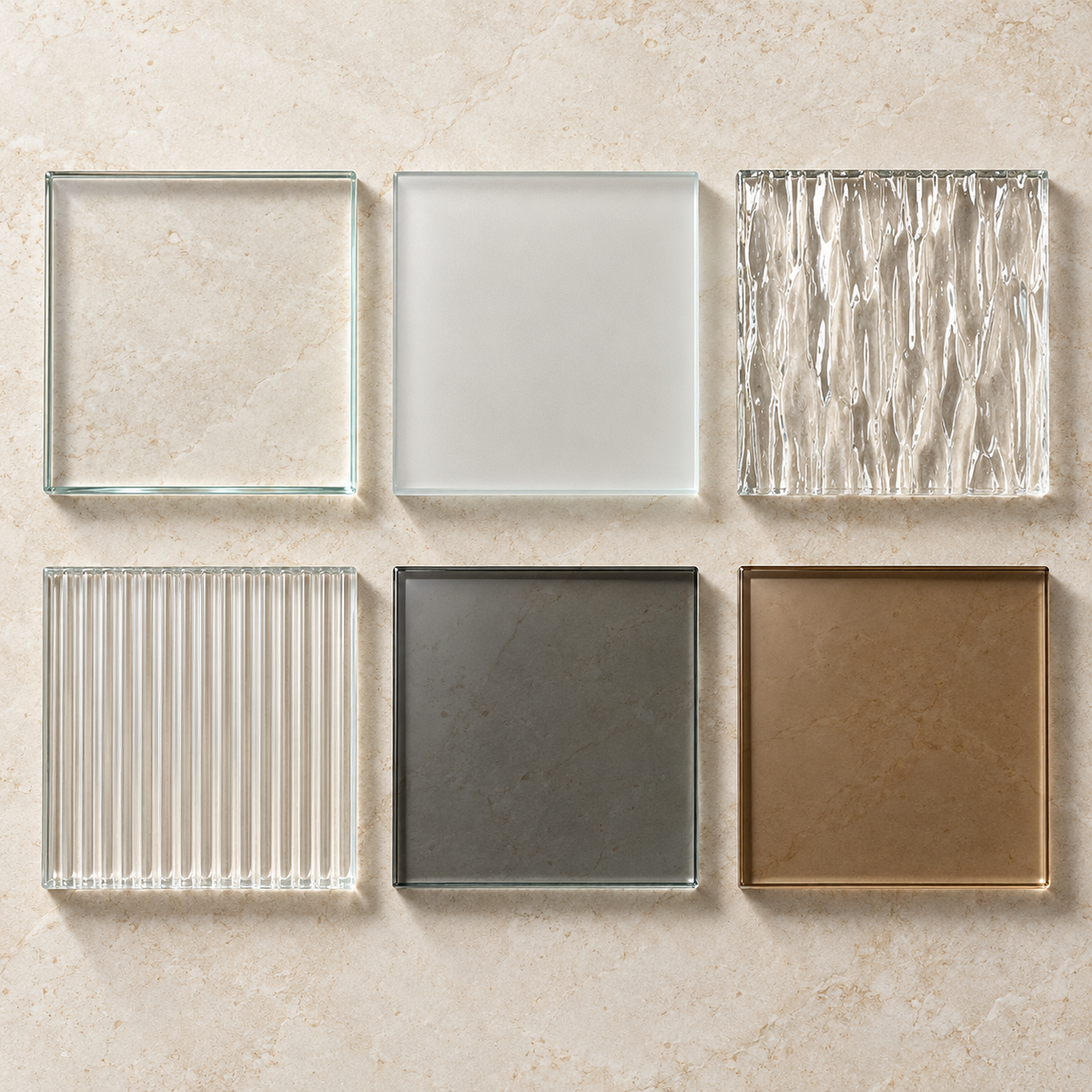 Six glass samples: Clear, Satin Etched, Rain/Niagara, Reeded, Gray, and Bronze.