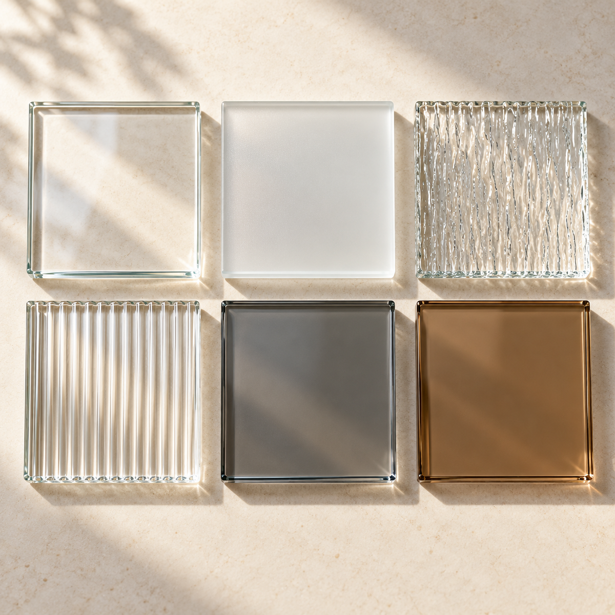 Architectural glass sample options including clear, satin etched, reeded, gray, and bronze.
