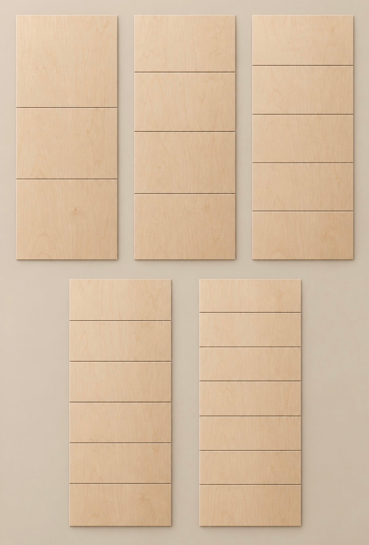 Five unfinished maple ReadyShip Linear door slabs with two to six evenly spaced horizontal routed lines.