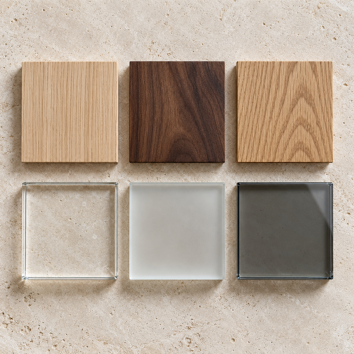 Three raw wood samples—Rift White Oak, Walnut, and White Oak—plus Clear, Satin Etched, and Gray glass samples.