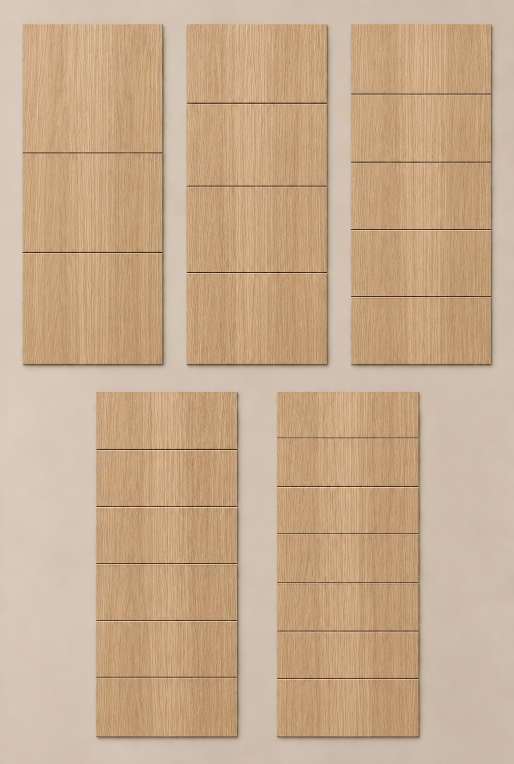 Five unfinished rift white oak ReadyShip Linear door slabs with two to six evenly spaced horizontal routed lines.