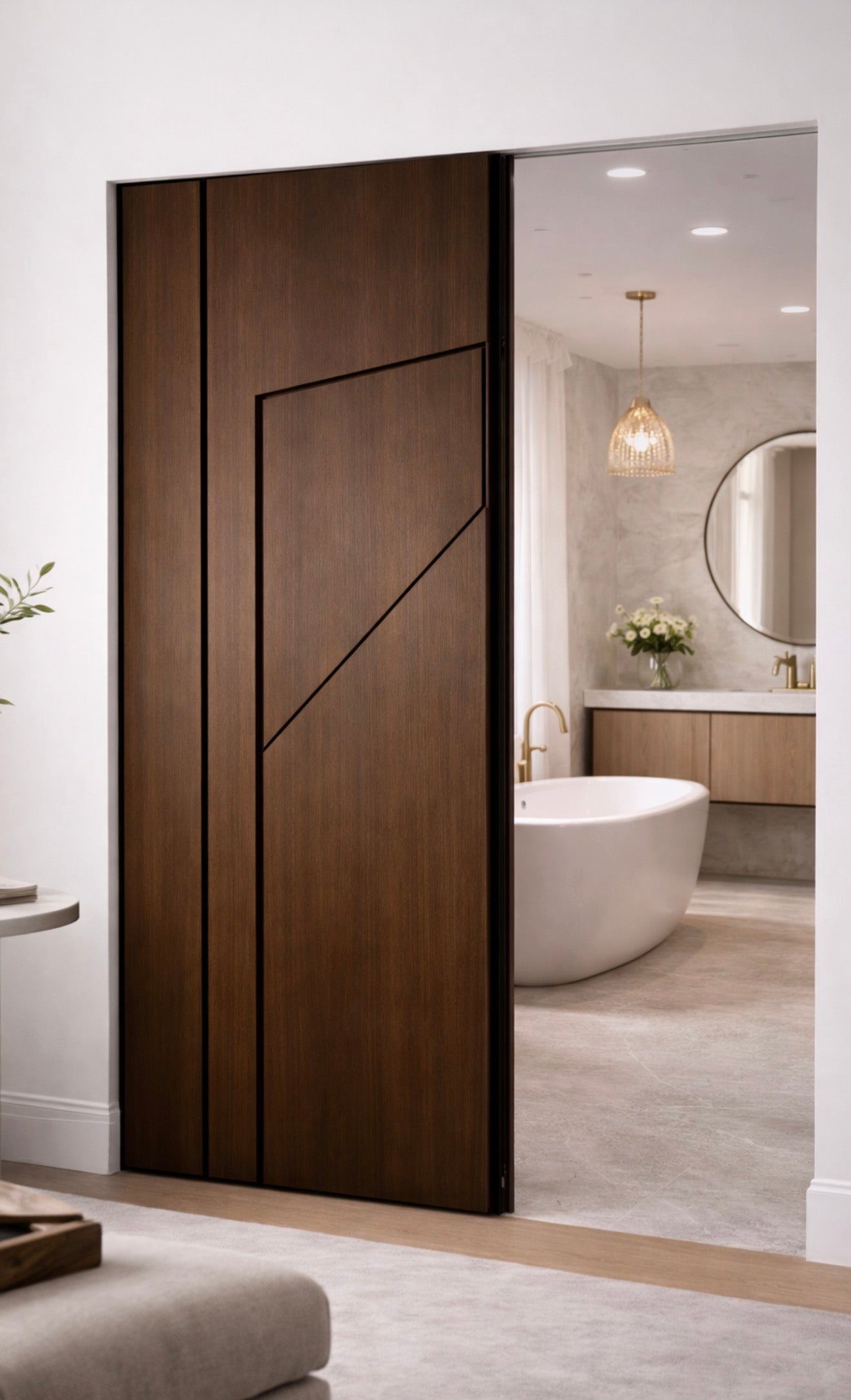 Rustic Luxe Boczanell modern interior door in rift white oak rift stained walnut with sculptural offset reveal.