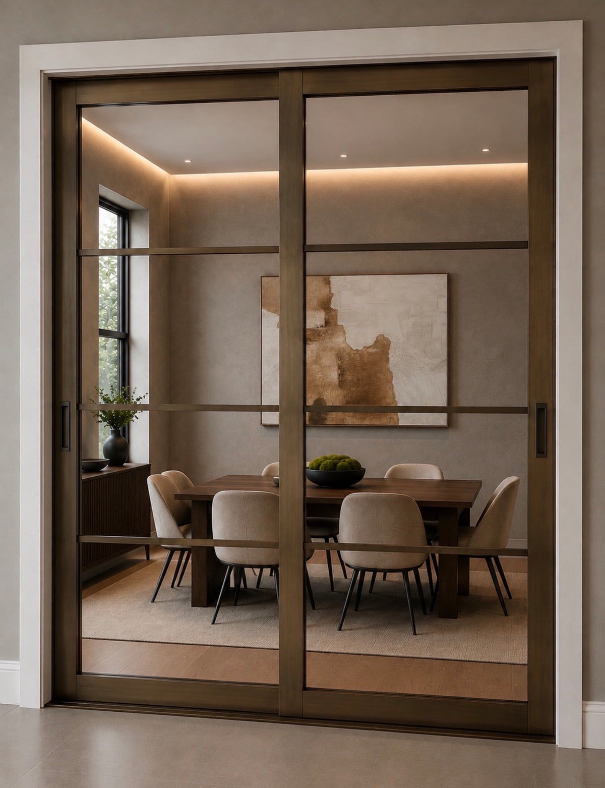 Serrano 4-Lite framed glass interior doors shown as a two-door bronze bypass sliding system
