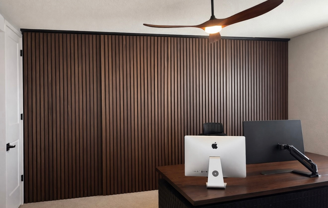 Slimline stacking sliding doors with concealed ceiling mounted track system for modern closet or office wall