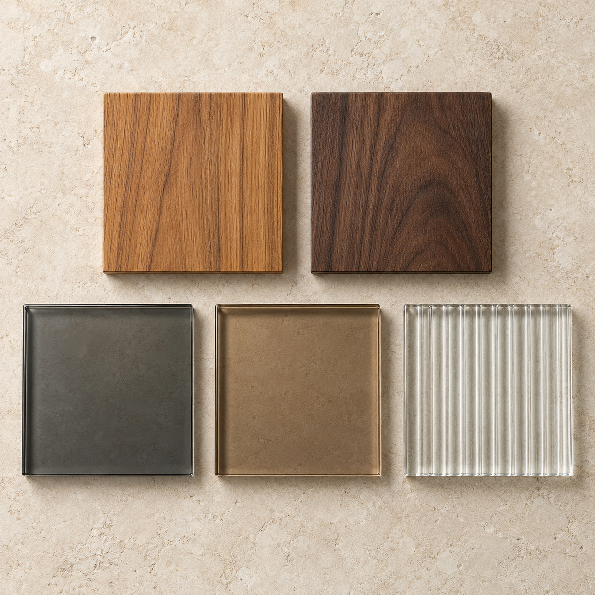 Raw Teak and Walnut samples with Gray, Bronze, and Reeded glass samples.