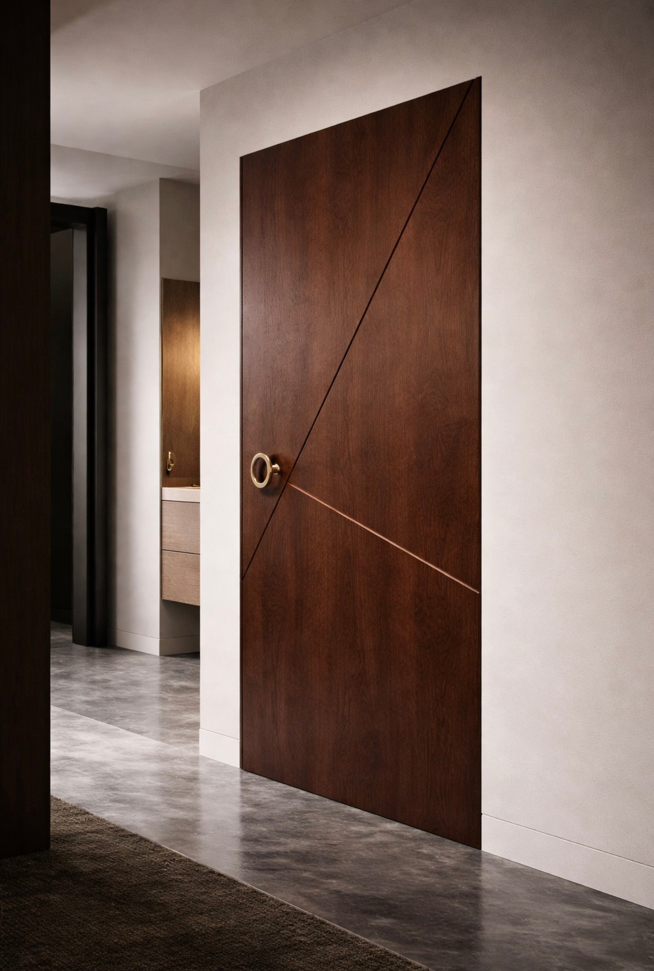 Vector offset interior door with flush inset installation and angled panel design in stained walnut. 