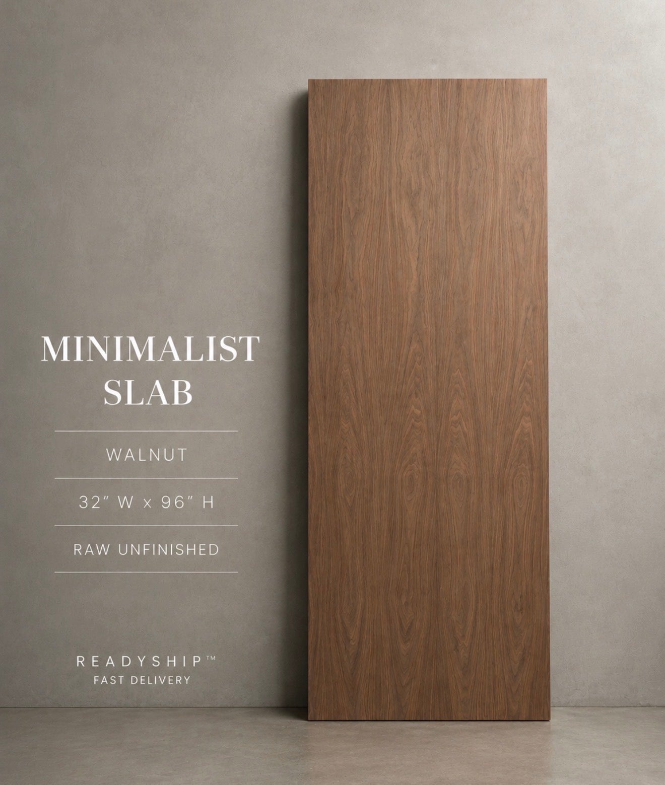 Raw unfinished walnut Minimalist Slab interior door, 32 x 96 inches – Rustic Luxe Designs ReadyShip

