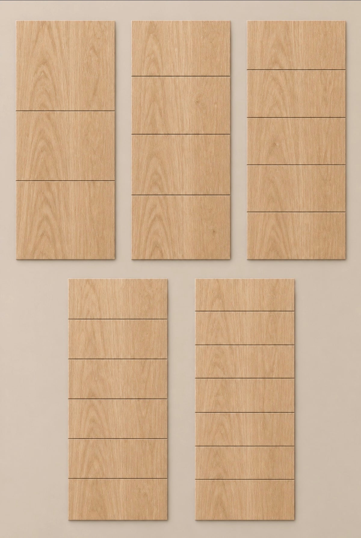 Five unfinished white oak ReadyShip Linear door slabs with two to six evenly spaced horizontal routed lines.