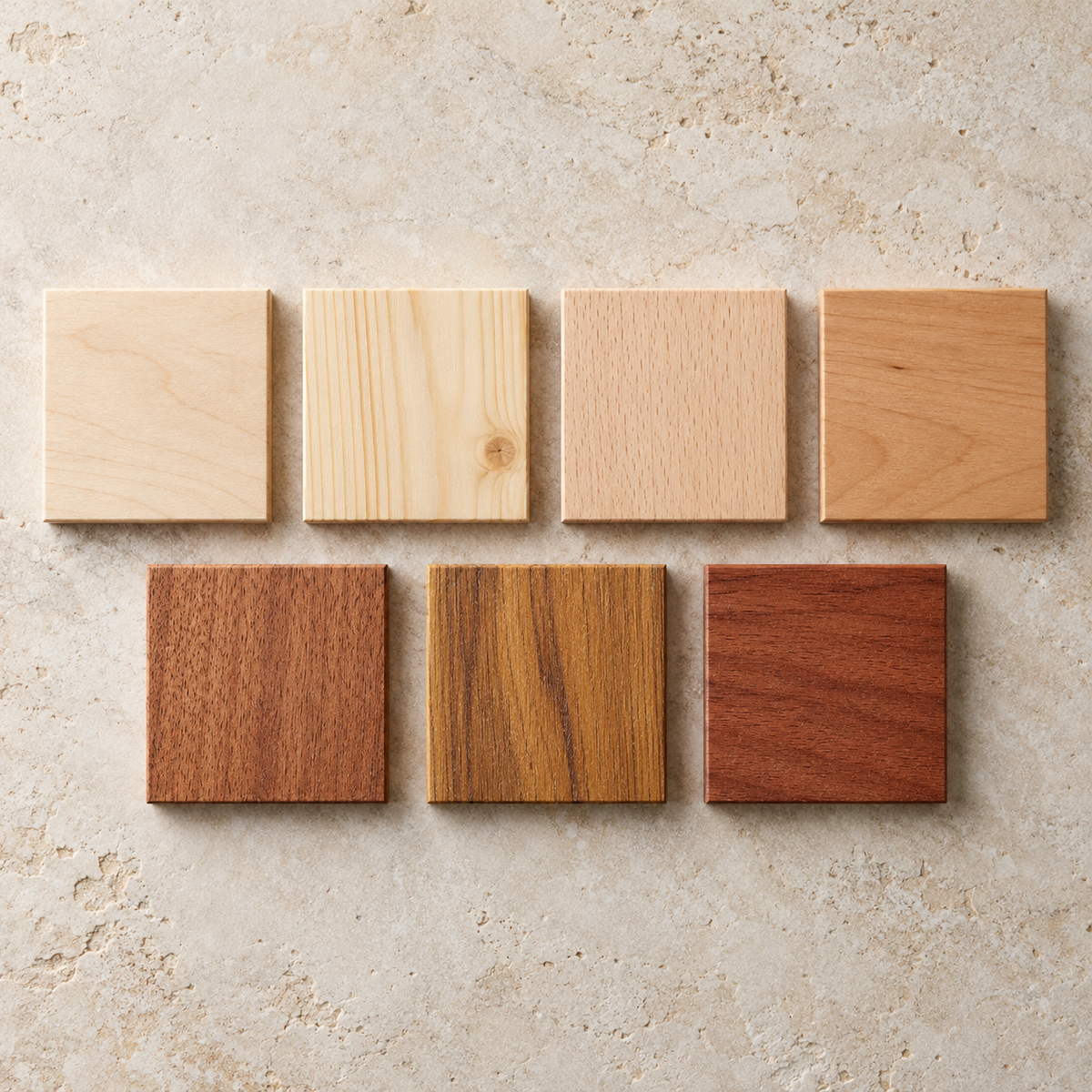 Seven unfinished wood samples from the Core Woods set.