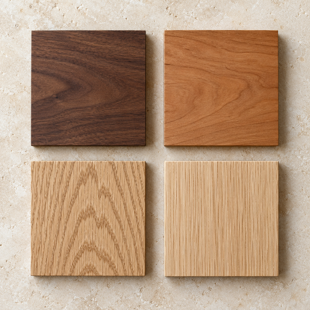 Four unfinished premium wood samples: Walnut, Cherry, White Oak, and Rift White Oak.