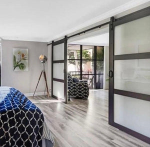 3-Panel Glass Sliding Barn Door in Bedroom